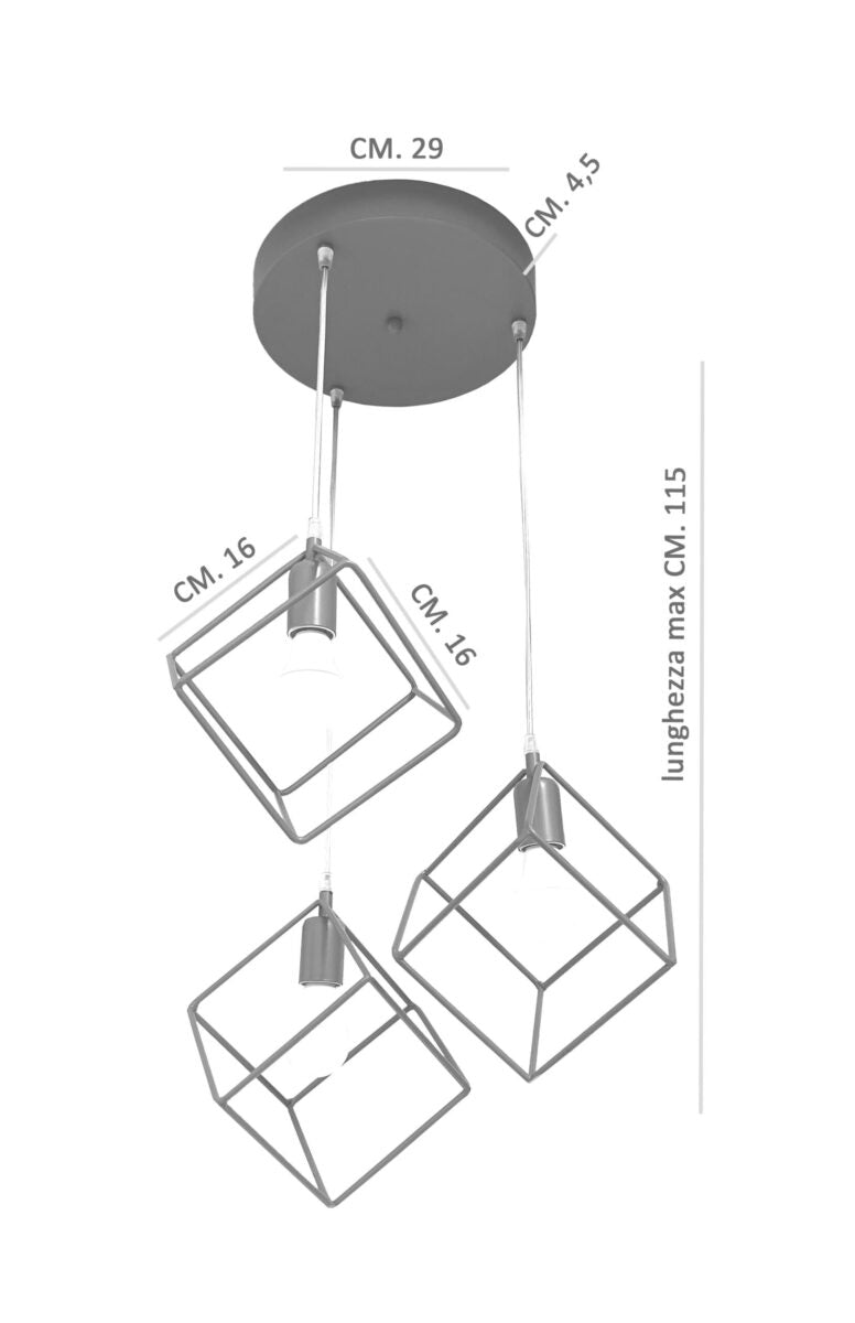 LAMPADARIO SOSPENSIONE 3 LUCI A FORMA DI CUBO