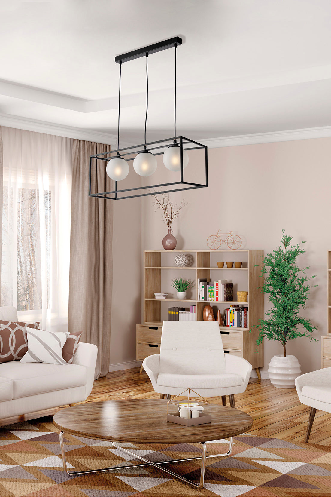 INDUSTRIAL 3 LIGHTS MODERN CAGE SUSPENSION WITH BLOWN GLASS SEFRE