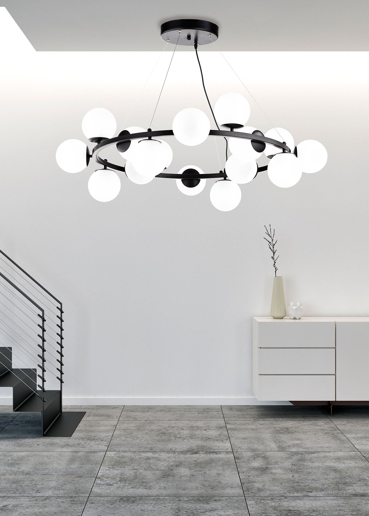 1480/16 MODERN INDUSTRIAL CHIC 16 LIGHT CHANDELIER WITH GLASS SPHERES