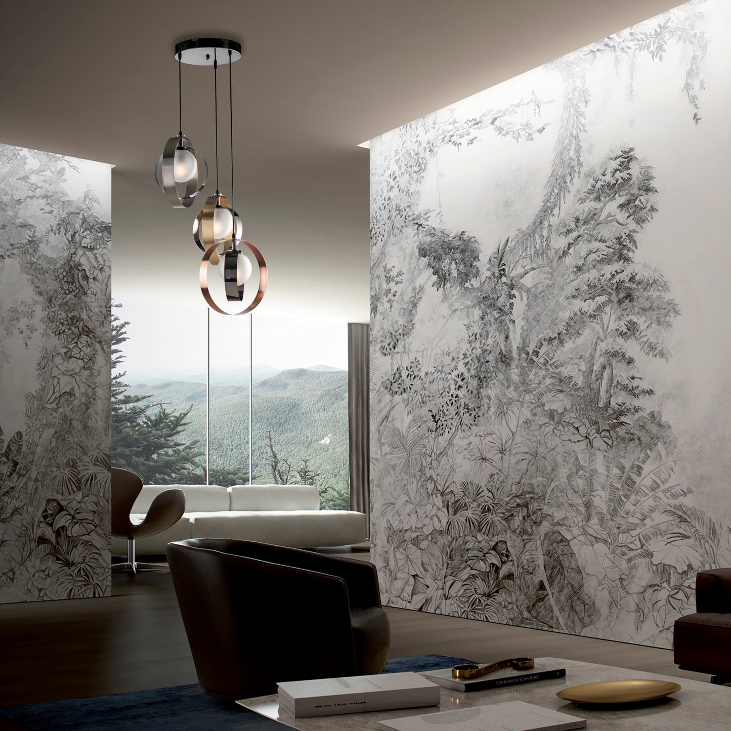 MODERN SUSPENSION DOUBLE CIRCLE AND GLASS SPHERES INDUSTRIAL CHIC