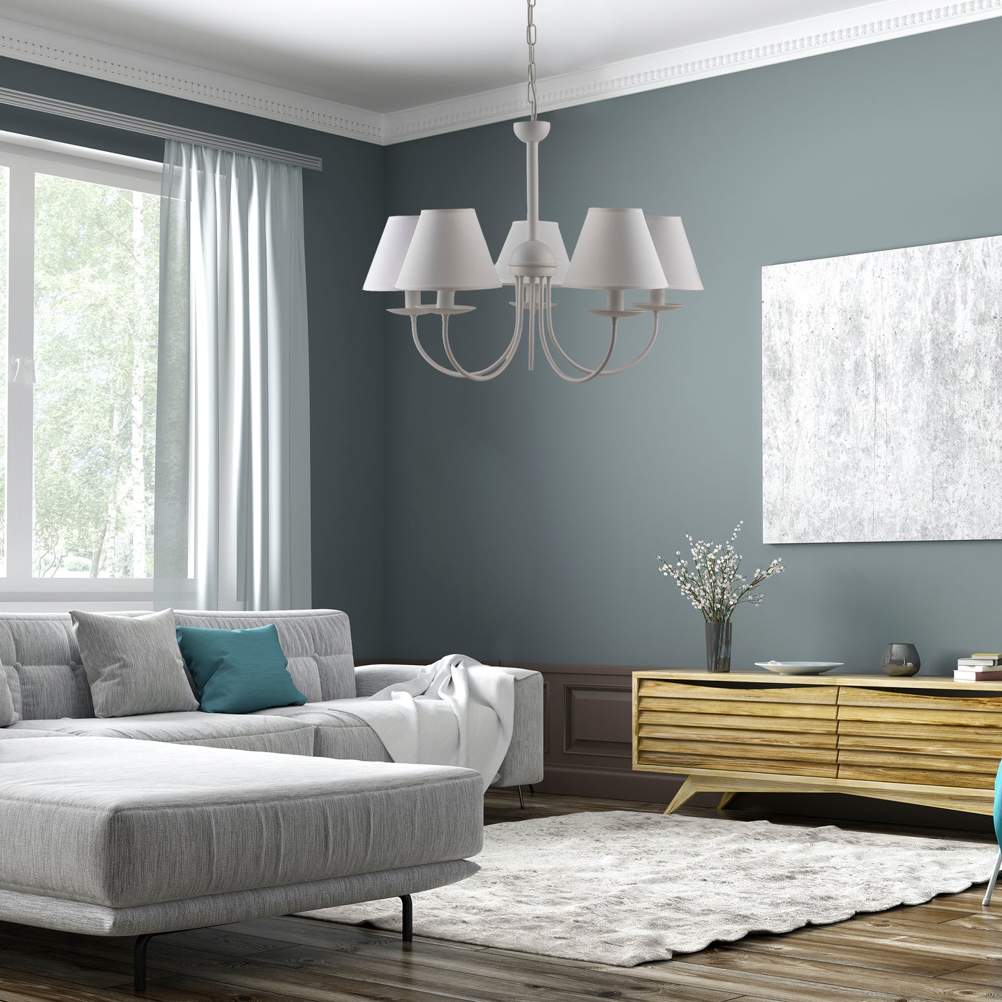 LAMPADARIO BIANCO 5 LUCI SHABBY CHIC METALLO E PARALUMI TESSUTO