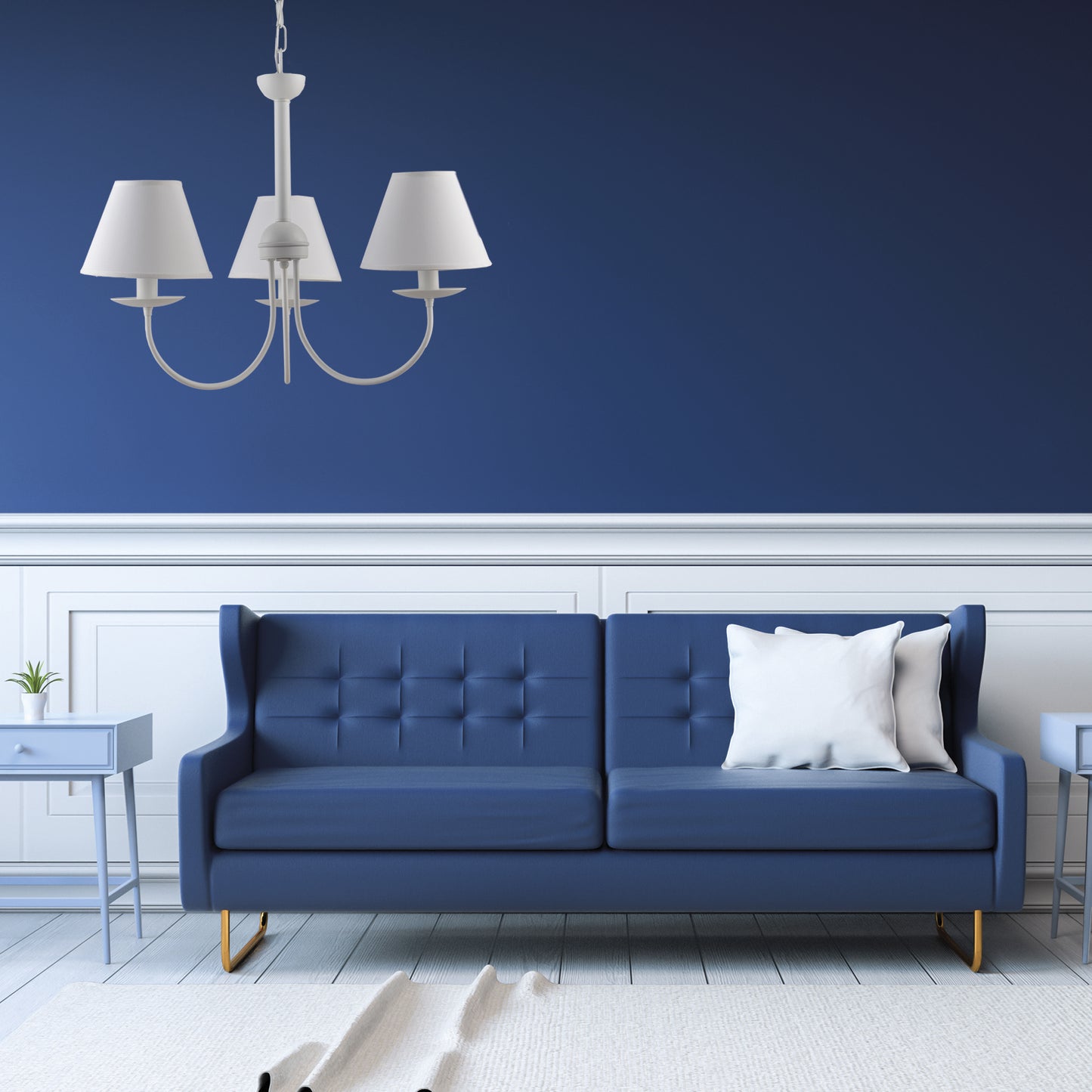 LAMPADARIO BIANCO 3 LUCI SHABBY CHIC METALLO E PARALUMI TESSUTO