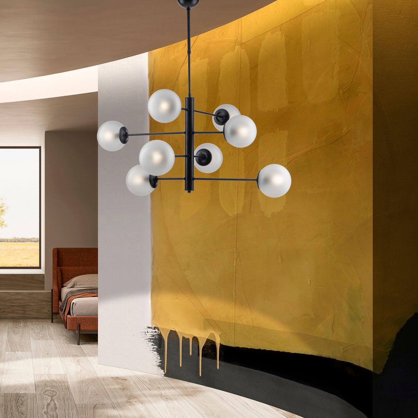 LAMPADARIO MODERNO, INDUSTRIAL CHIC 8 LUCI IN METALLO E SFERE VETRO