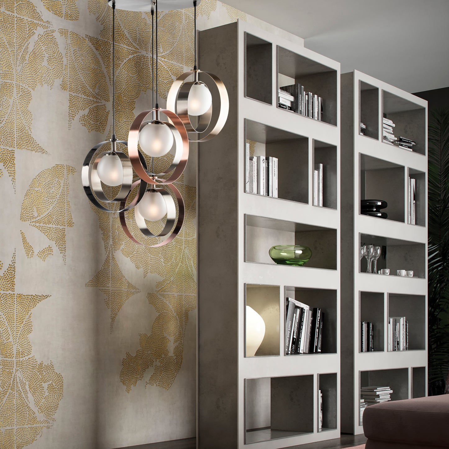MODERN DOUBLE CIRCLE AND GLASS SPHERES SUSPENSION INDUSTRIAL CHIC 4 LIGHTS