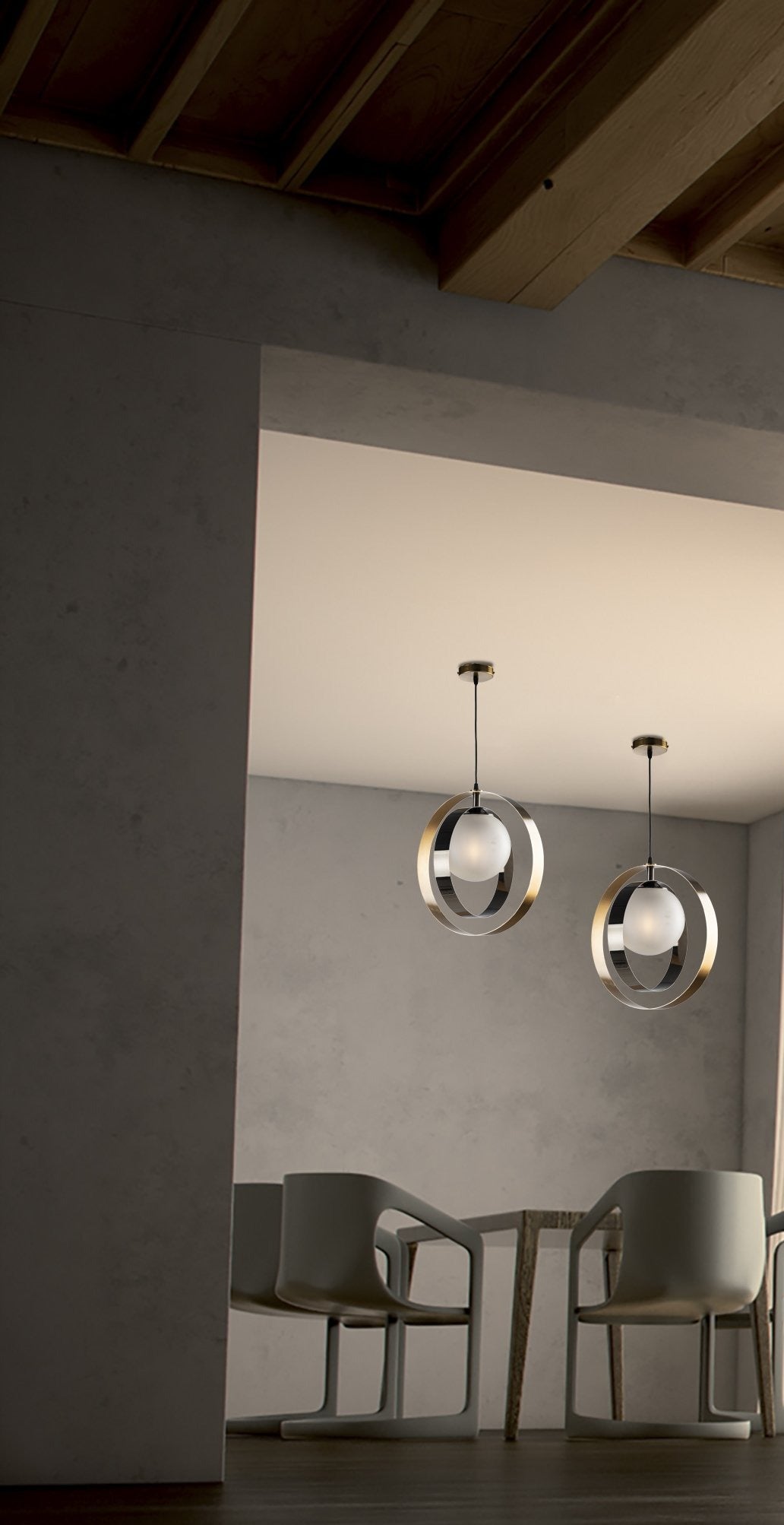 MODERN SUSPENSION DOUBLE CIRCLE AND GLASS SPHERE INDUSTRIAL CHIC