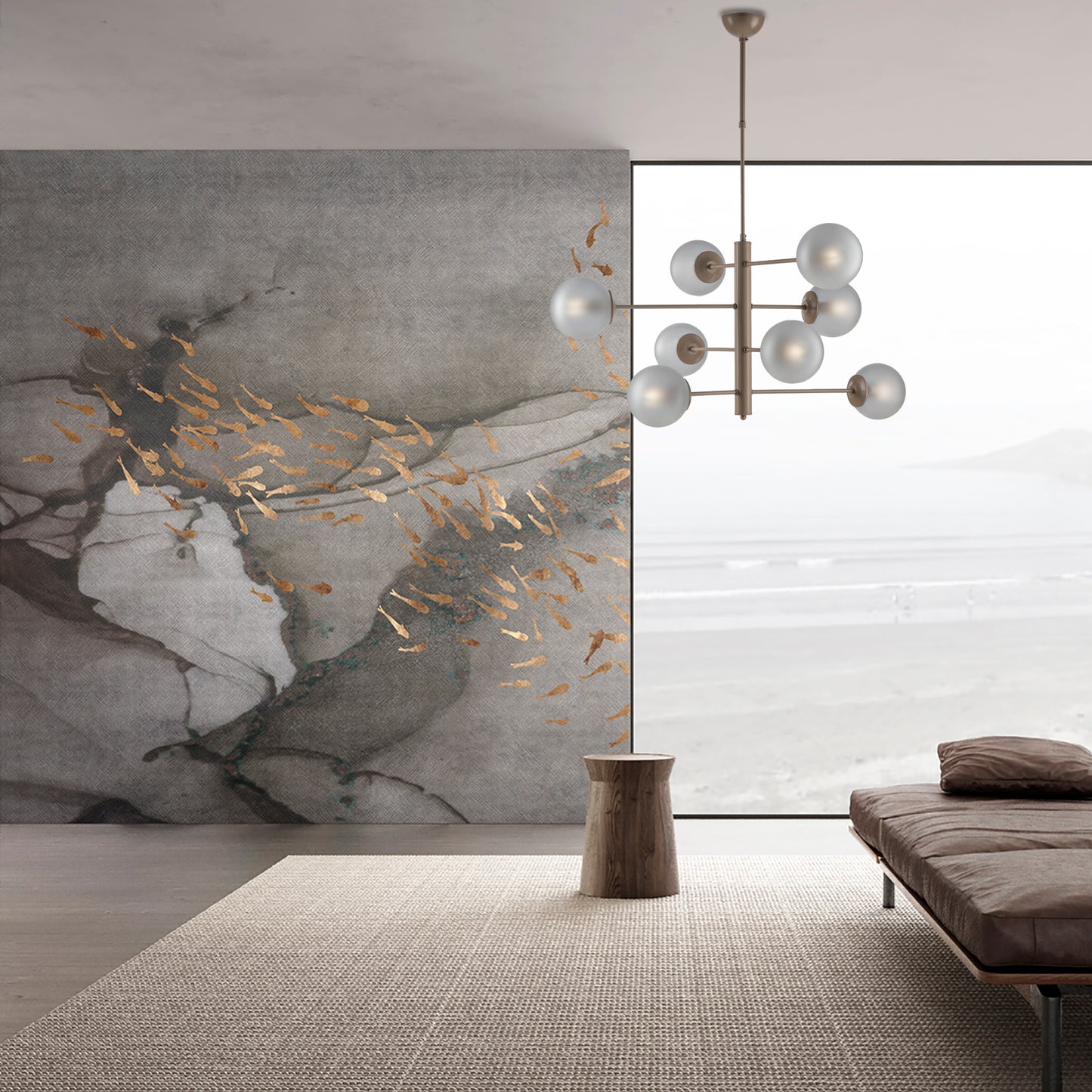 LAMPADARIO MODERNO, INDUSTRIAL CHIC 8 LUCI IN METALLO E SFERE VETRO