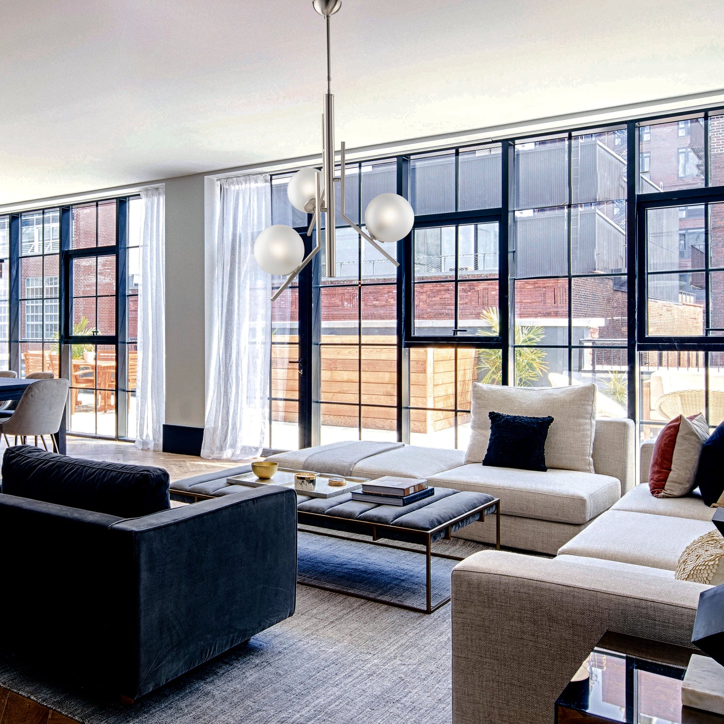 MODERN INDUSTRIAL CHIC 3 LIGHT CHANDELIER WITH GLASS SPHERES