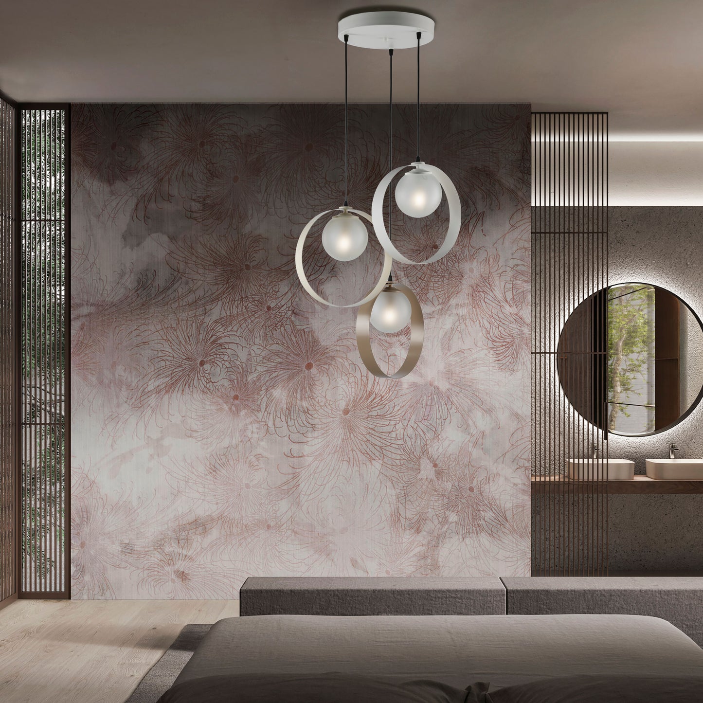 MODERN SUSPENSION WITH METAL CIRCLES AND SHABBY CHIC GLASS SPHERES