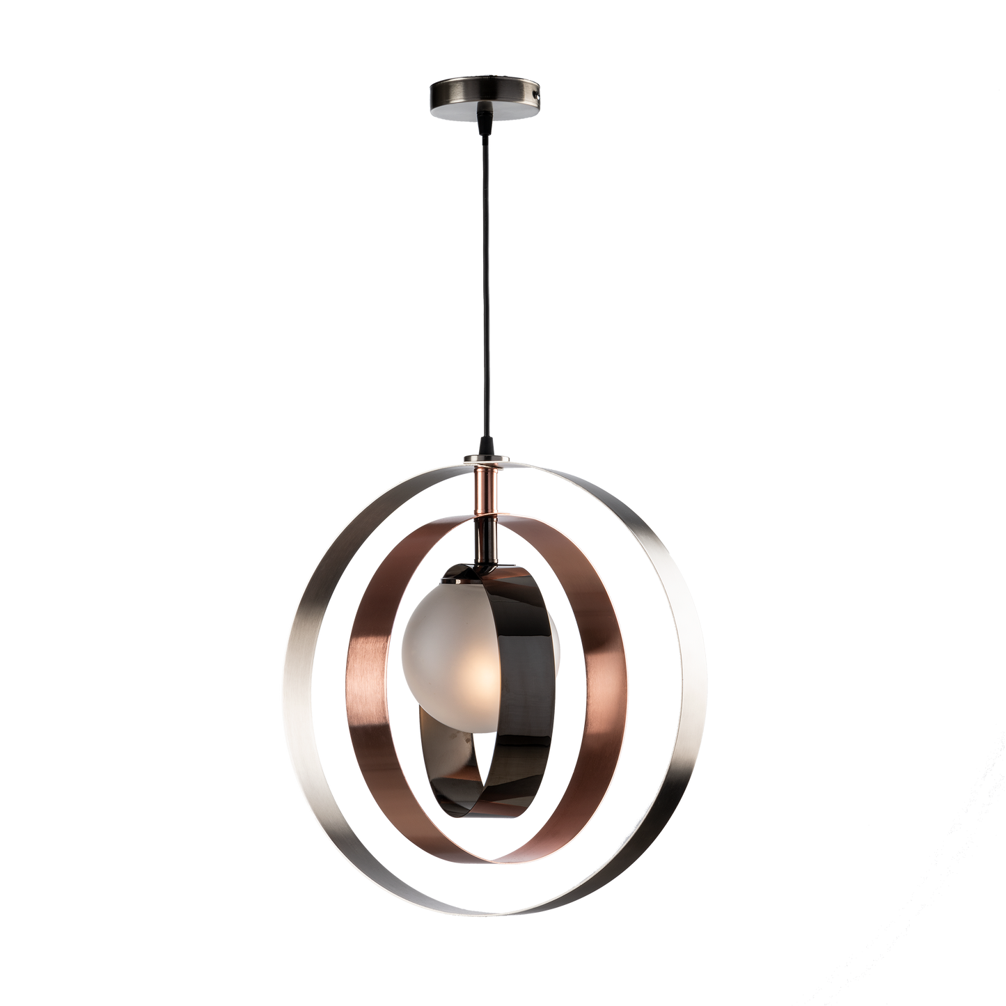 SOSPENSIONE MODERNA TRIPLO CERCHIO E SFERA VETRO INDUSTRIAL CHIC