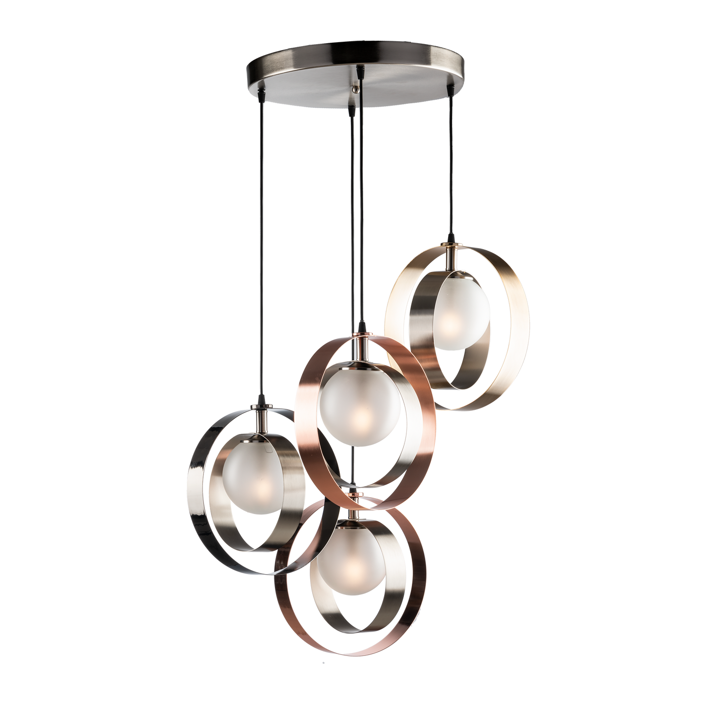 MODERN DOUBLE CIRCLE AND GLASS SPHERES SUSPENSION INDUSTRIAL CHIC 4 LIGHTS