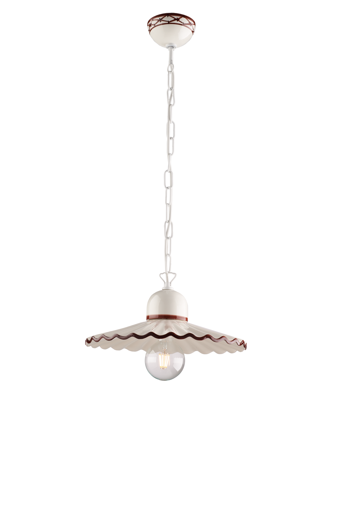 SOSPENSIONE IN CERAMICA DECORATA A MANO PLISSE' E METALLO BIANCO