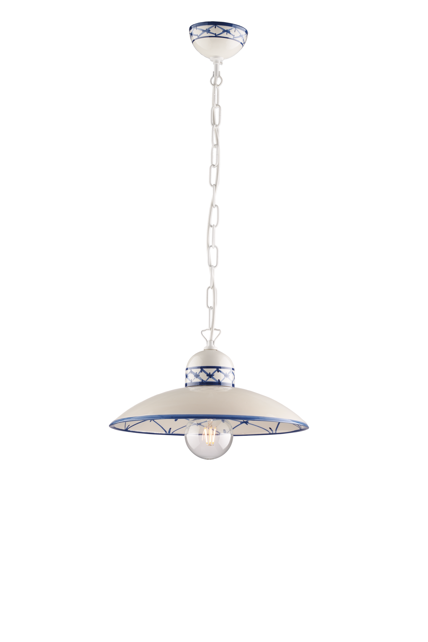 SOSPENSIONE IN CERAMICA DECORATA A MANO E METALLO BIANCO