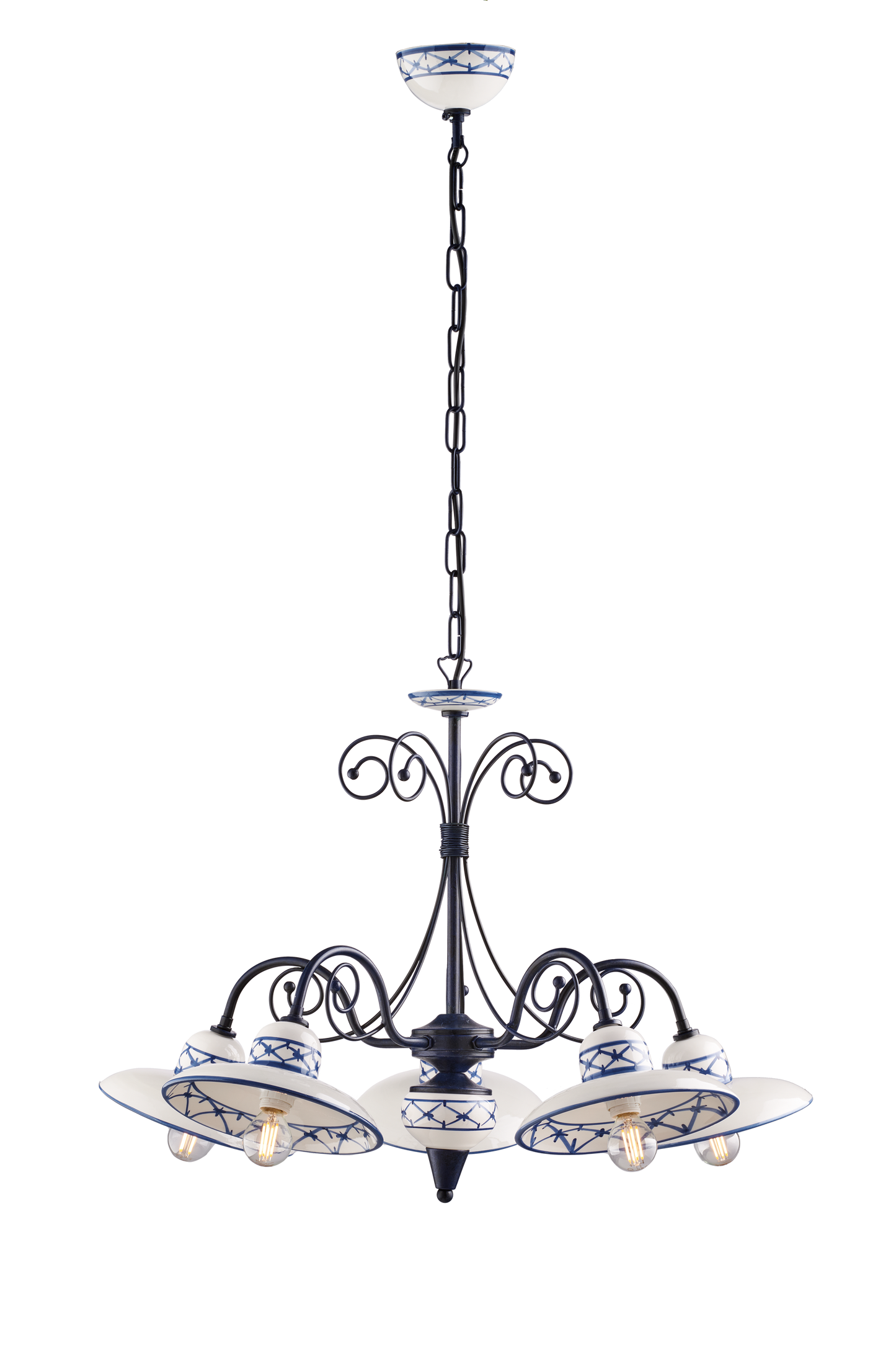 LAMPADARIO IN METALLO SFUMATO E CERAMICA DECORATA 5 LUCI
