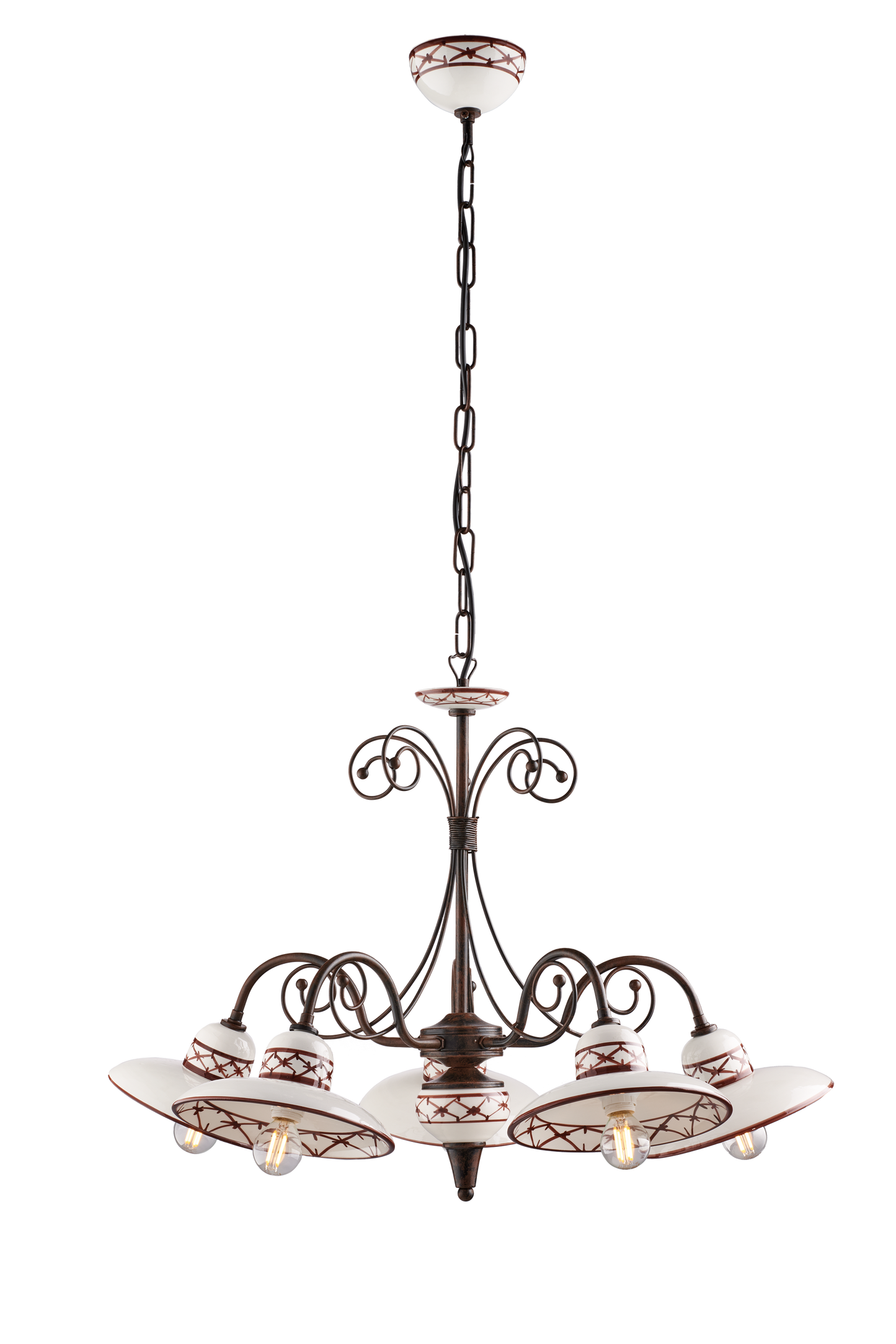 LAMPADARIO IN METALLO SFUMATO E CERAMICA DECORATA 5 LUCI