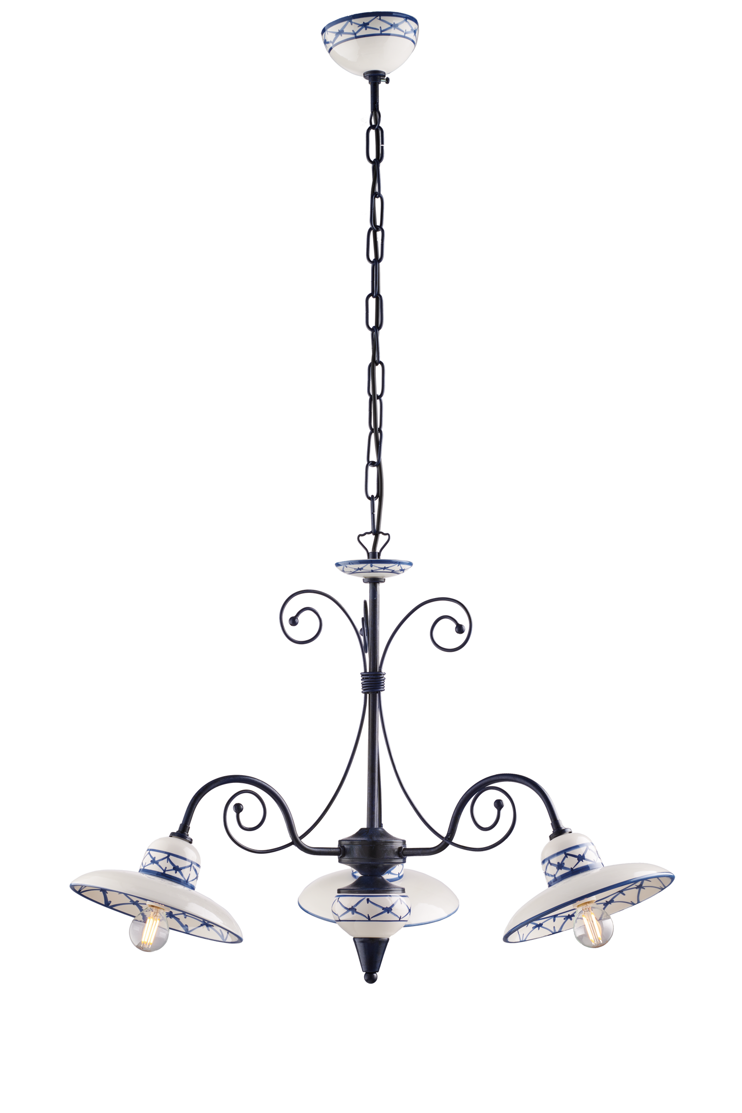 LAMPADARIO IN METALLO SFUMATO E CERAMICA DECORATA 3 LUCI