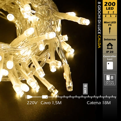 Catena Luminosa a Led Calda cavo trasparente 200 luci