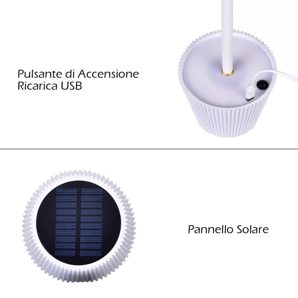 LAMPADA LED DA TAVOLO RICARICABILE CON PARALUME TONDO PLISSETTATO USB E SOLARE