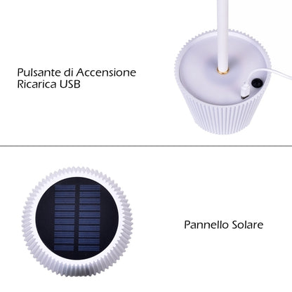LAMPADA LED DA TAVOLO RICARICABILE CON PARALUME TONDO PLISSETTATO USB E SOLARE