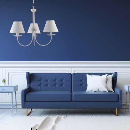 LAMPADARIO BIANCO 3 LUCI SHABBY CHIC METALLO E PARALUMI TESSUTO