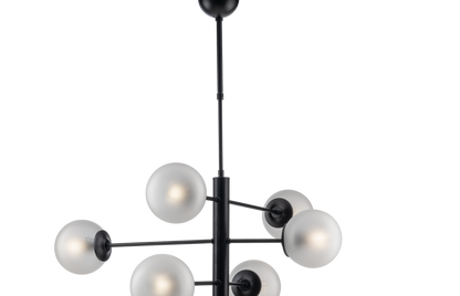 LAMPADARIO MODERNO, INDUSTRIAL CHIC 6 LUCI METALLO E SFERE VETRO