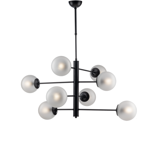 LAMPADARIO MODERNO, INDUSTRIAL CHIC 8 LUCI  IN METALLO E SFERE VETRO