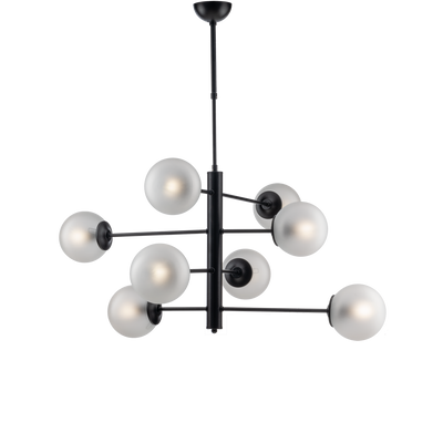 LAMPADARIO MODERNO, INDUSTRIAL CHIC 8 LUCI  IN METALLO E SFERE VETRO