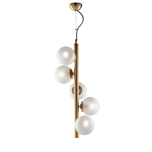 LAMPADARIO 5 LUCI MODERNO VERTICALE INDUSTRIAL CHIC CON SFERE VETRO