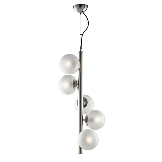 LAMPADARIO 5 LUCI MODERNO VERTICALE INDUSTRIAL CHIC CON SFERE VETRO