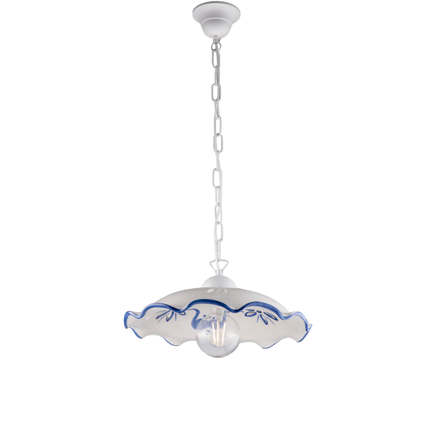 SOSPENSIONE IN CERAMICA TRAFORATA DECORATA A MANO E METALLO BIANCO