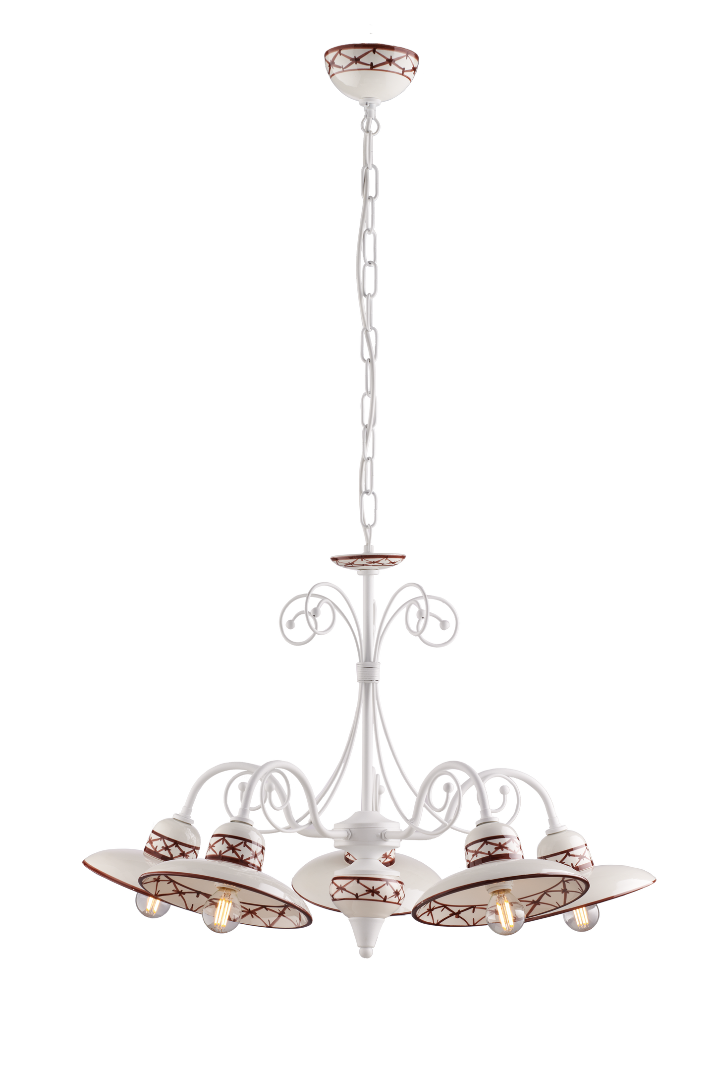 LAMPADARIO IN METALLO BIANCO E CERAMICA DECORATA 5 LUCI