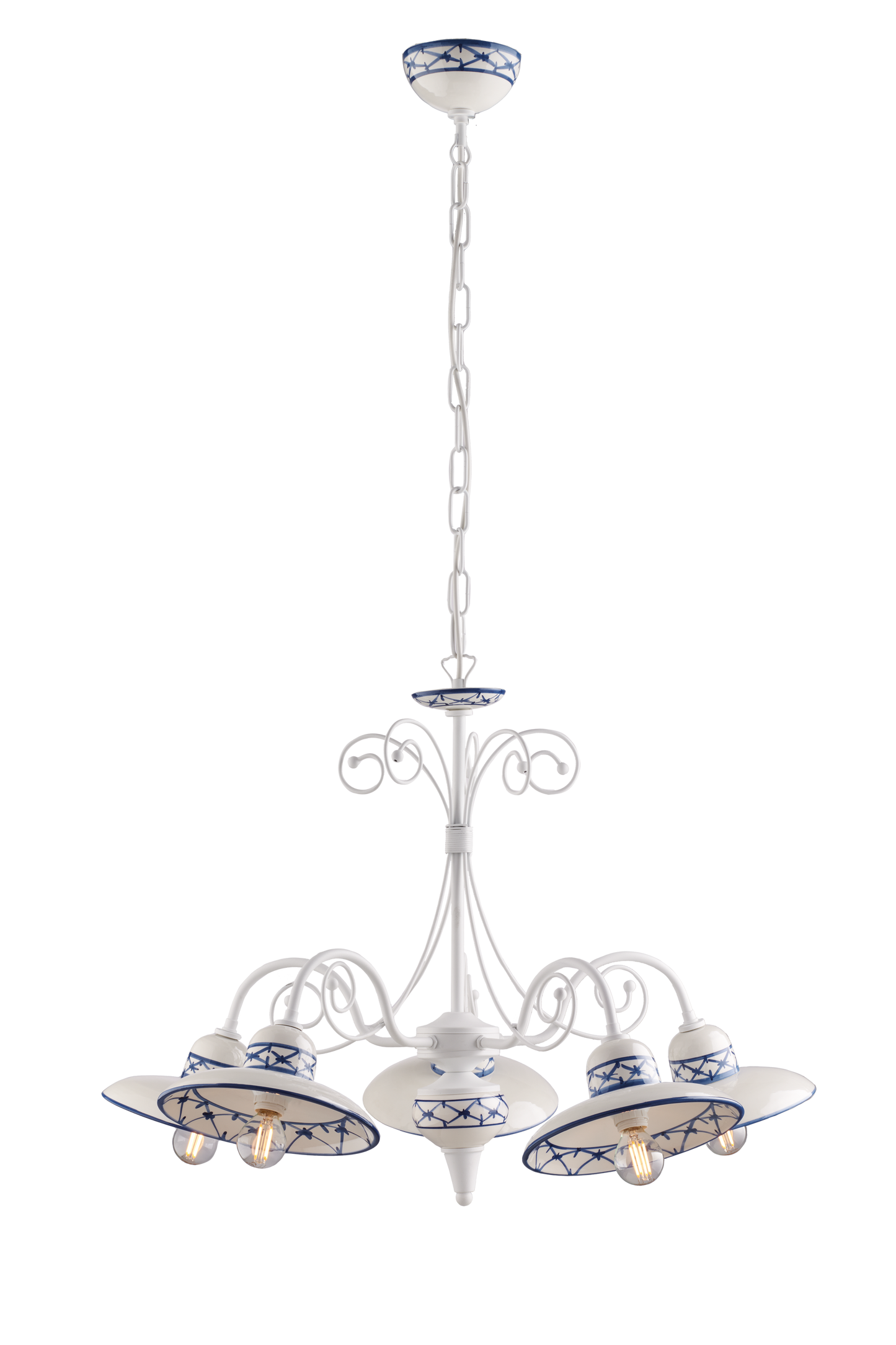 LAMPADARIO IN METALLO BIANCO E CERAMICA DECORATA 5 LUCI