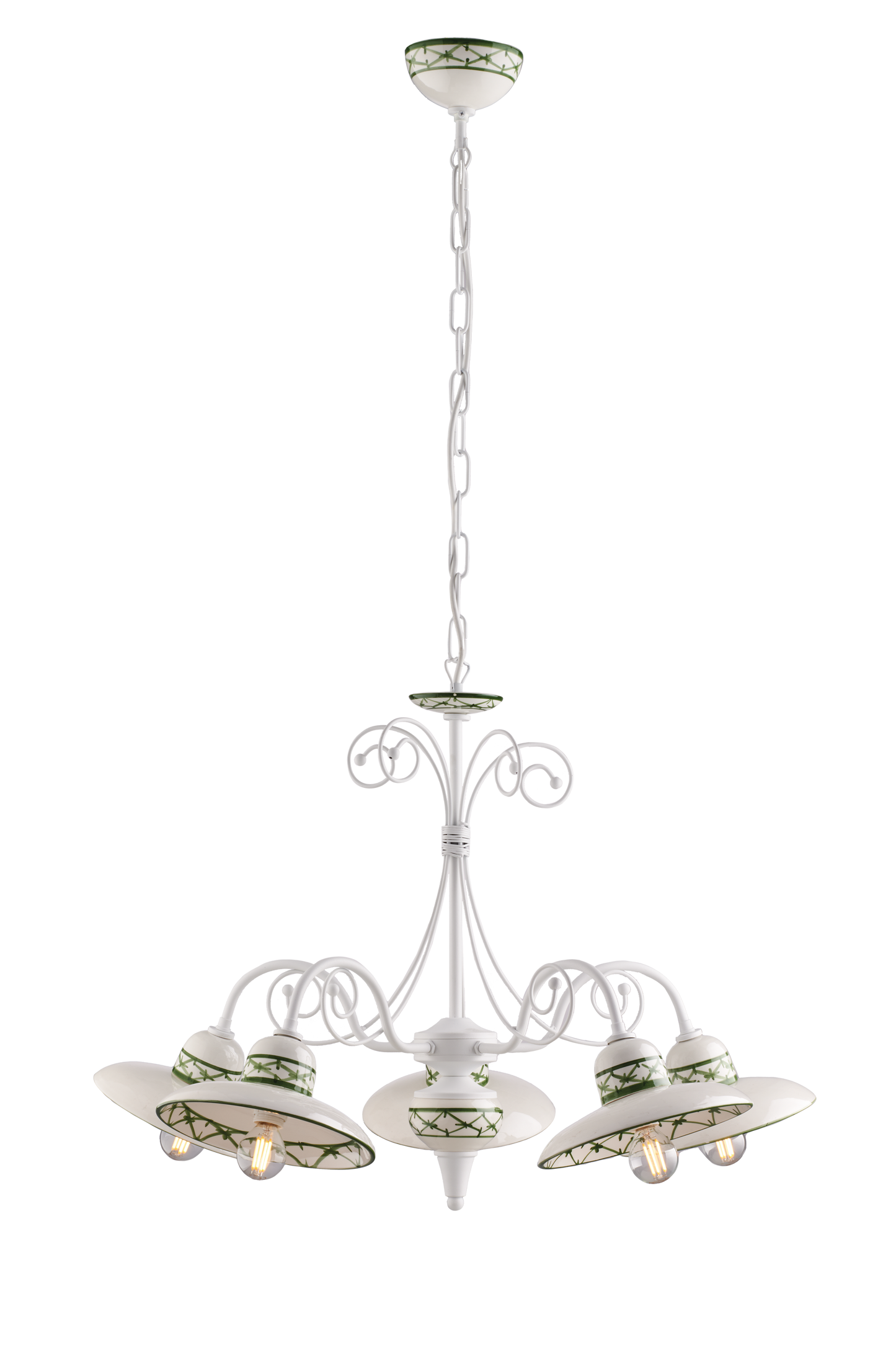 LAMPADARIO IN METALLO BIANCO E CERAMICA DECORATA 5 LUCI