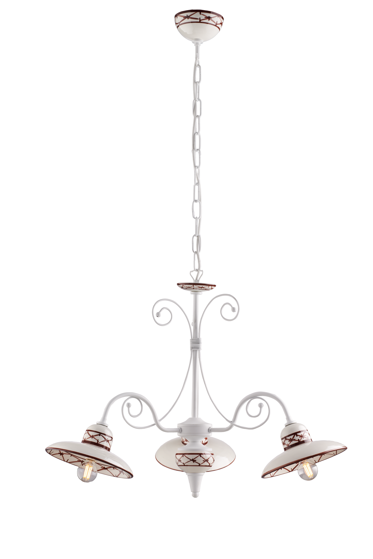 LAMPADARIO IN METALLO BIANCO E CARAMICA DECORATA 3 LUCI