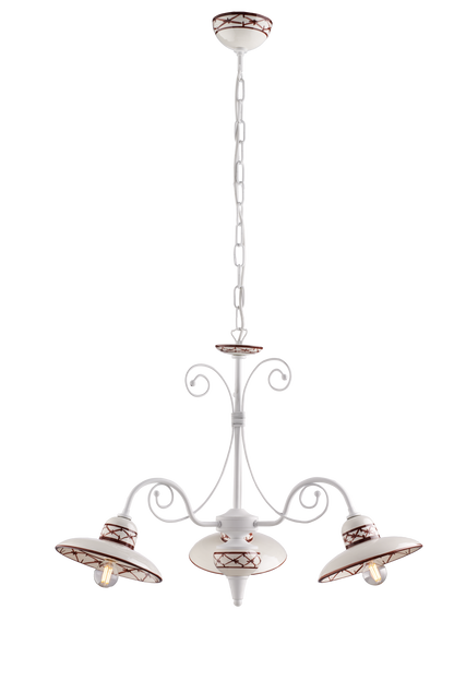 LAMPADARIO IN METALLO BIANCO E CARAMICA DECORATA 3 LUCI