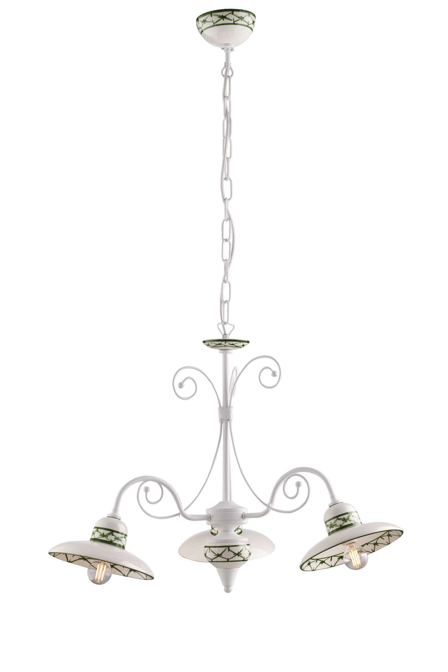 LAMPADARIO IN METALLO BIANCO E CARAMICA DECORATA 3 LUCI