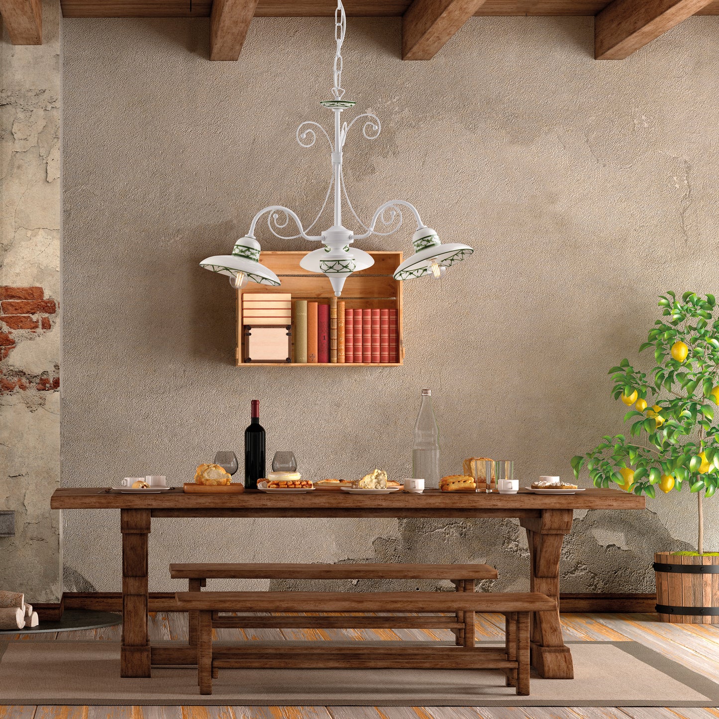 LAMPADARIO IN METALLO SFUMATO E CERAMICA DECORATA 3 LUCI
