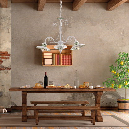LAMPADARIO IN METALLO SFUMATO E CERAMICA DECORATA 3 LUCI