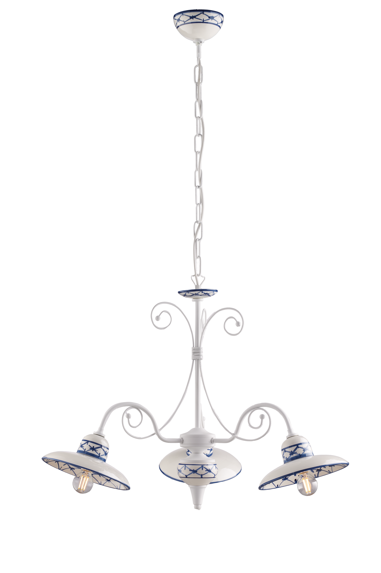 LAMPADARIO IN METALLO BIANCO E CARAMICA DECORATA 3 LUCI