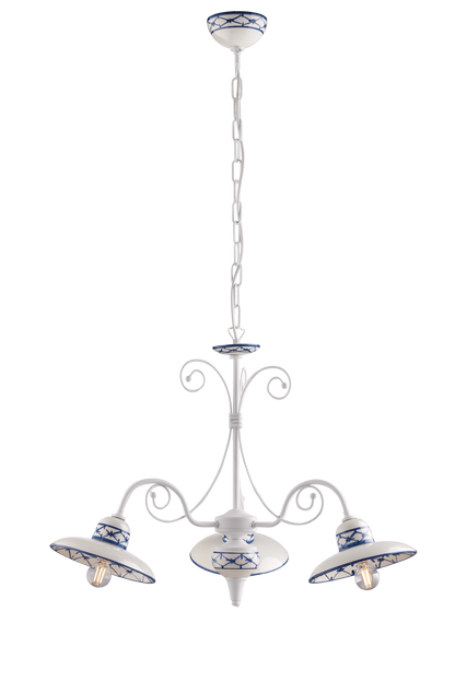 LAMPADARIO IN METALLO BIANCO E CARAMICA DECORATA 3 LUCI